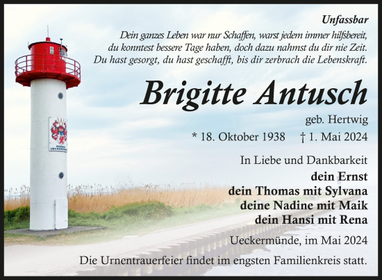 Traueranzeige von Brigitte Antusch von Nordkurier Haff-Zeitung