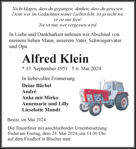 Traueranzeige von Alfred Klein 