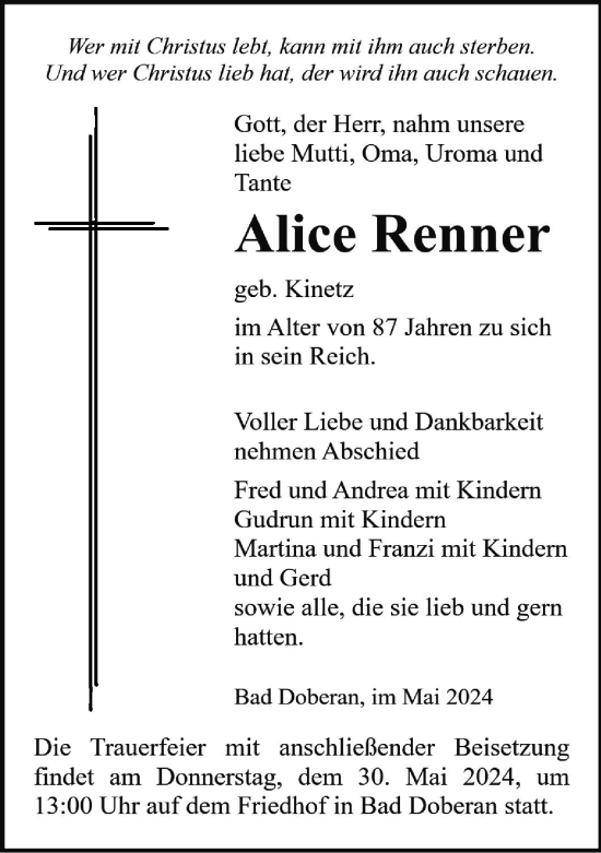 Traueranzeige von Alice Renner 