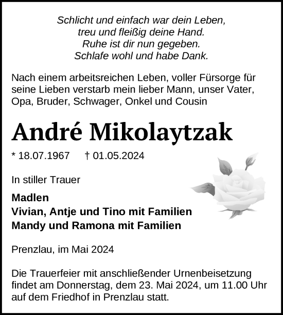 Traueranzeige von Andre Mikolaytzak von Uckermark Kurier Prenzlauer Zeitung