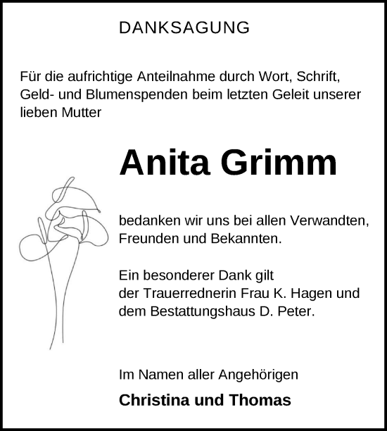Traueranzeige von Anita Grimm von Nordkurier Neubrandenburger Zeitung