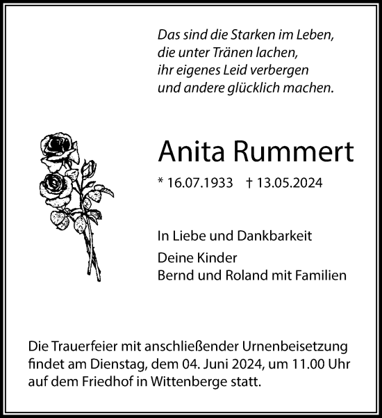 Traueranzeige von Anita Rummert 