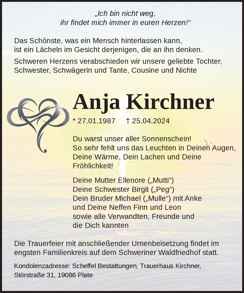  Traueranzeige für Anja Kirchner vom 11.05.2024 aus 