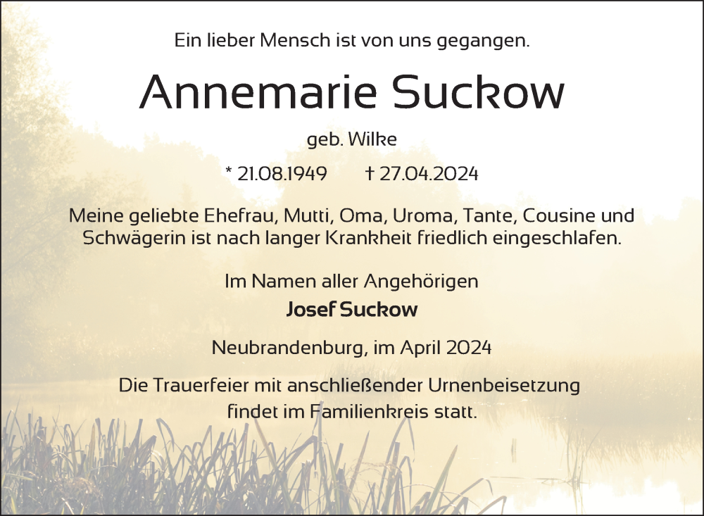  Traueranzeige für Annemarie Suckow vom 04.05.2024 aus Nordkurier Neubrandenburger Zeitung