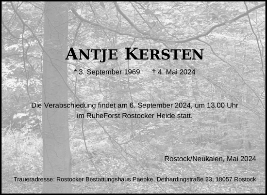 Traueranzeige von Antje Kersten von Nordkurier Mecklenburger Schweiz