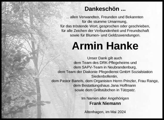 Traueranzeige von Armin Hanke von Nordkurier Neubrandenburger Zeitung