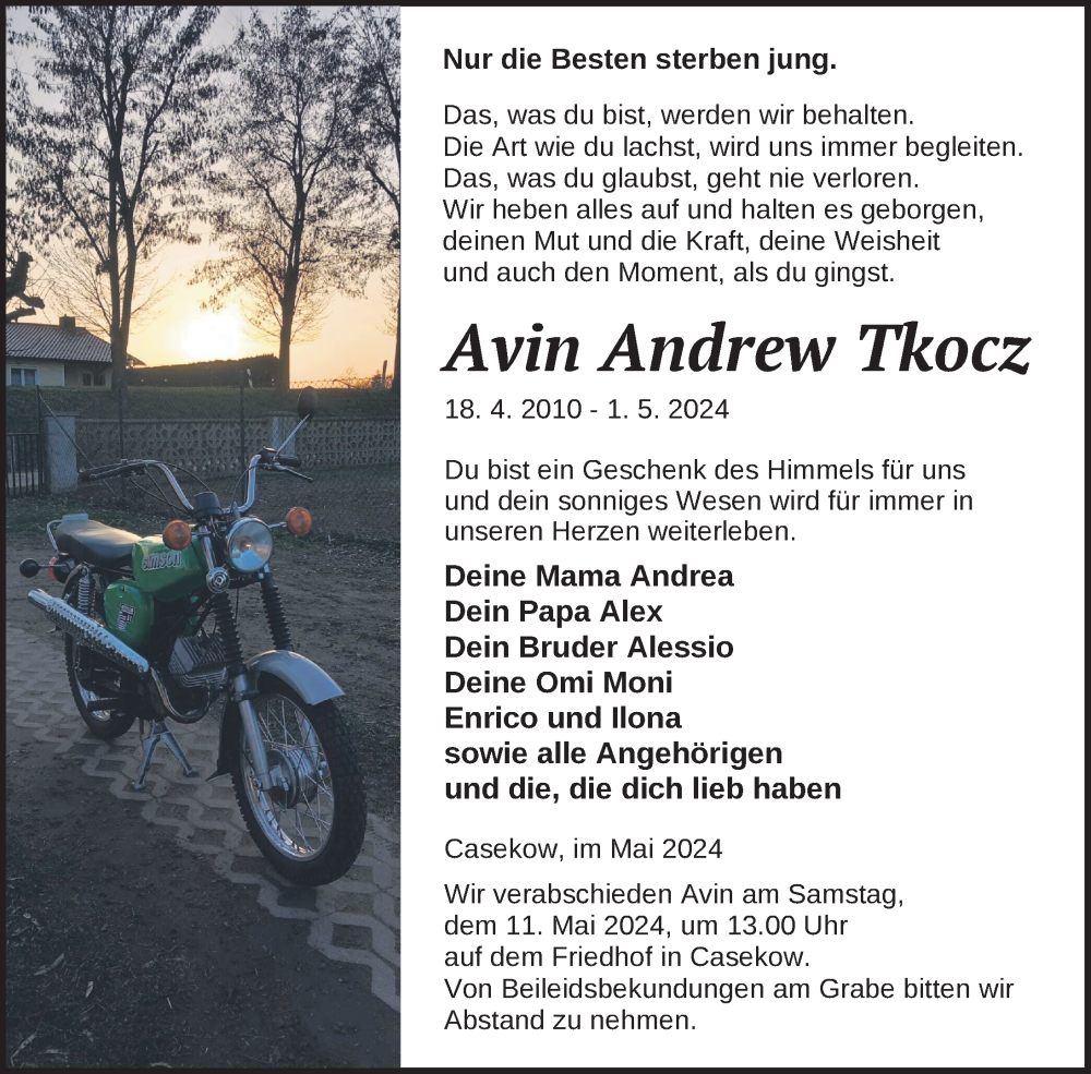  Traueranzeige für Avin Andrew Tkocz vom 04.05.2024 aus Nordkurier Pasewalker Zeitung