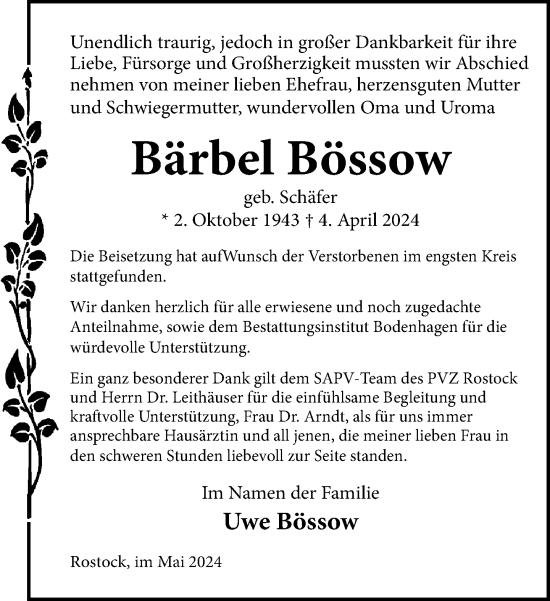 Traueranzeige von Bärbel Bössow 