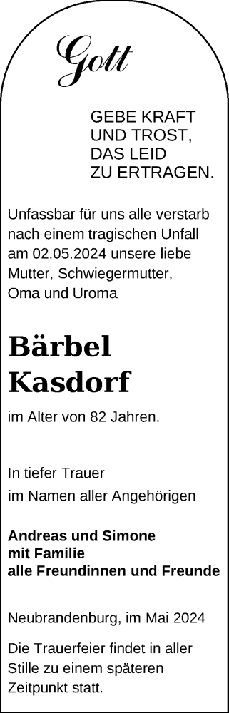 Traueranzeige von Bärbel Kasdorf von Nordkurier Neubrandenburger Zeitung