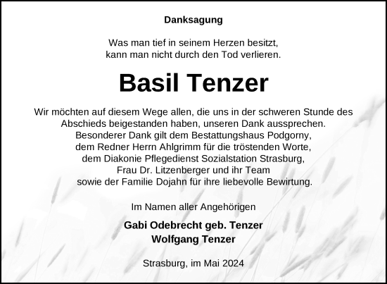 Traueranzeige von Basil Tenzer von Nordkurier Pasewalker Zeitung