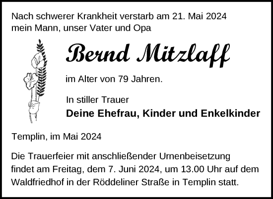 Traueranzeige von Bernd Mitzlaff von Uckermark Kurier Templiner Zeitung