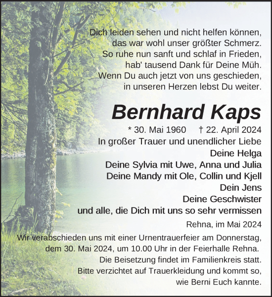 Traueranzeige von Bernhard Kaps 