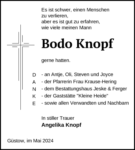 Traueranzeige von Bodo Knopf von Uckermark Kurier Prenzlauer Zeitung
