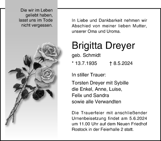 Traueranzeige von Brigitta Dreyer 