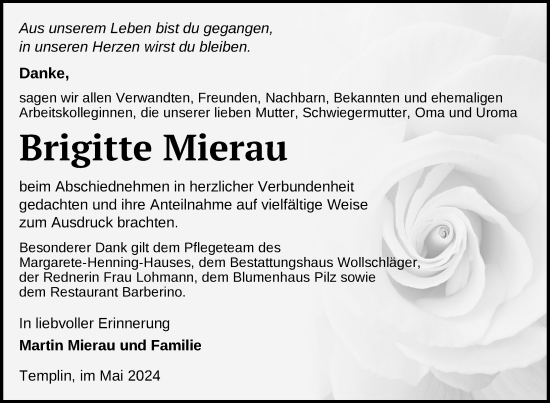 Traueranzeige von Brigitte Mierau von Uckermark Kurier Templiner Zeitung