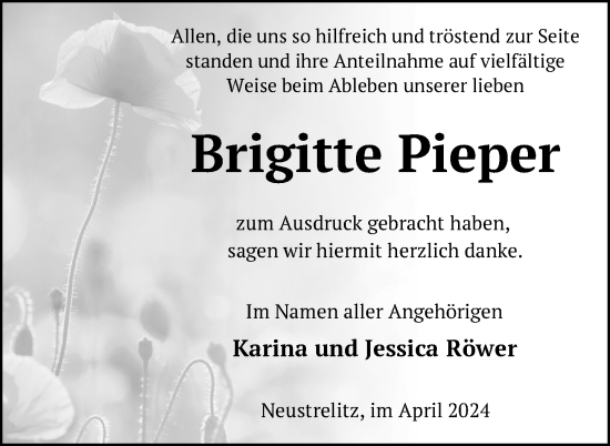 Traueranzeige von Brigitte Pieper von Nordkurier Strelitzer Zeitung