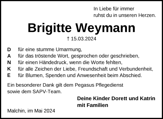 Traueranzeige von Brigitte Weymann von Nordkurier Mecklenburger Schweiz