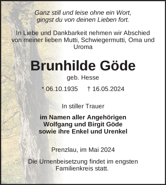 Traueranzeige von Brunhilde Göde von Uckermark Kurier Prenzlauer Zeitung