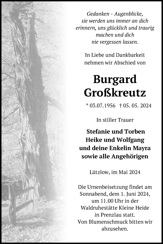 Traueranzeige von Burgard Großkreutz von Uckermark Kurier Prenzlauer Zeitung