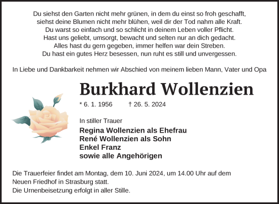 Traueranzeige von Burkhard Wollenzien von Nordkurier Pasewalker Zeitung