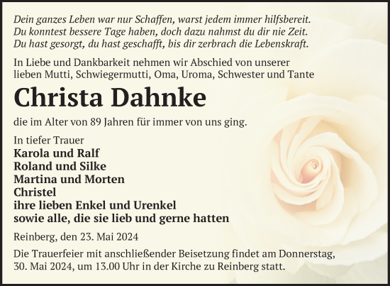 Traueranzeige von Christa Dahnke von Nordkurier Neubrandenburger Zeitung