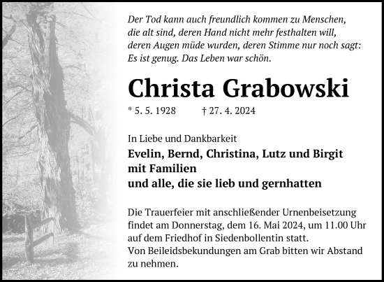 Traueranzeige von Christa Grabowski von Nordkurier Neubrandenburger Zeitung