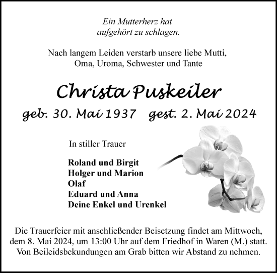 Traueranzeige von Christa Puskeiler von Nordkurier Müritz-Zeitung