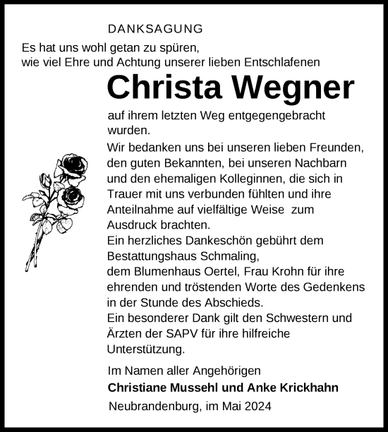 Traueranzeige von Christa Wegner von Nordkurier Neubrandenburger Zeitung