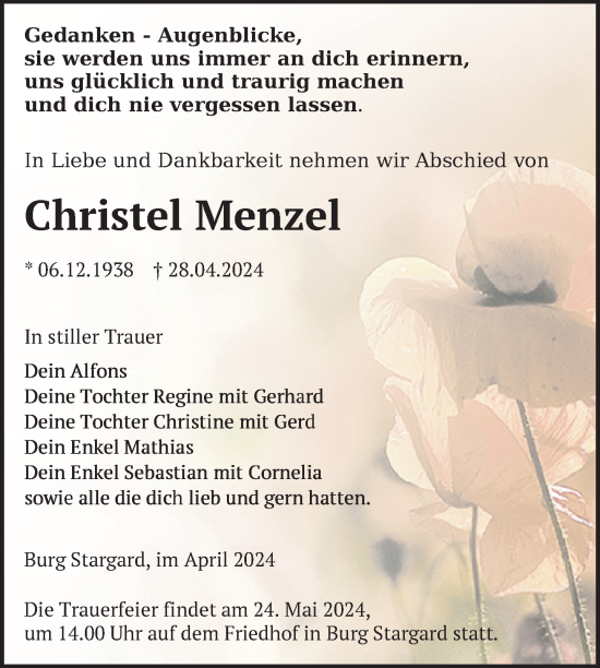 Traueranzeige von Christel Menzel von Nordkurier Neubrandenburger Zeitung