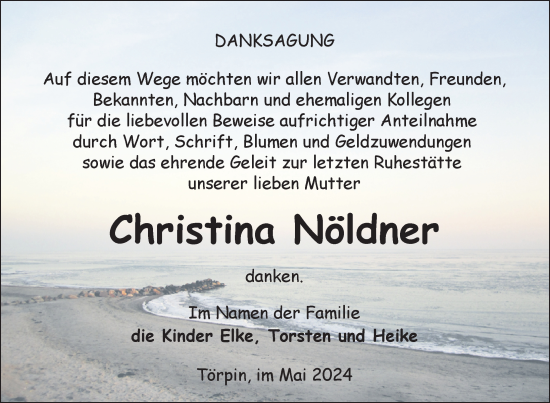 Traueranzeige von Christina Nöldner von Nordkurier Demminer Zeitung