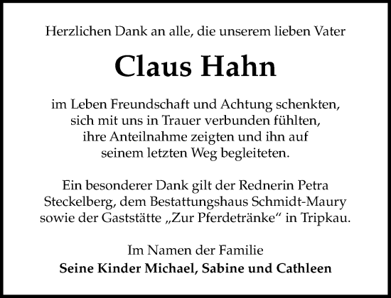 Traueranzeige von Claus Hahn 