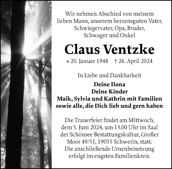Traueranzeige von Claus Ventzke 