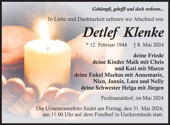 Traueranzeige von Detlef Klenke von Nordkurier Haff-Zeitung