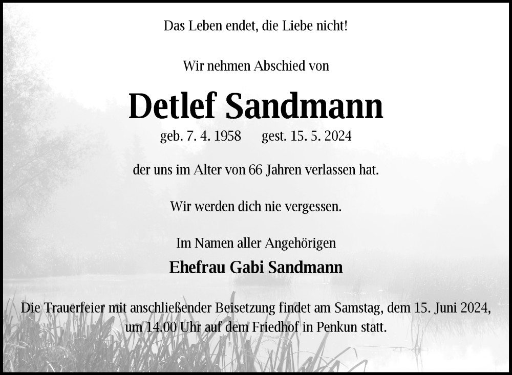 Traueranzeige für Detlef Sandmann vom 24.05.2024 aus Nordkurier Pasewalker Zeitung