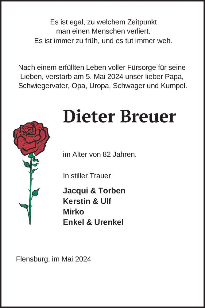  Traueranzeige für Dieter Breuer vom 08.05.2024 aus Nordkurier Vorpommern Kurier