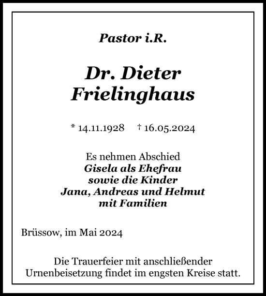 Traueranzeige von Dieter Frielinghaus von Uckermark Kurier Prenzlauer Zeitung