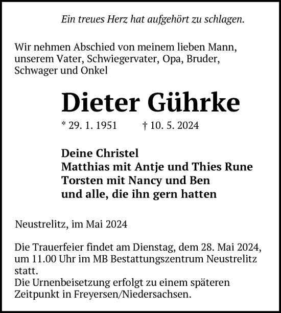 Traueranzeige von Dieter Gührke von Nordkurier Strelitzer Zeitung