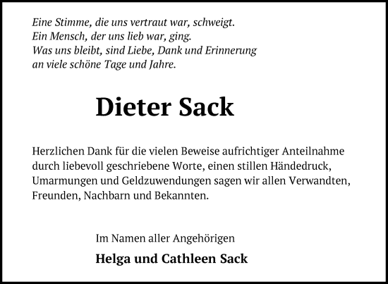 Traueranzeige von Dieter Sack von Nordkurier Neubrandenburger Zeitung