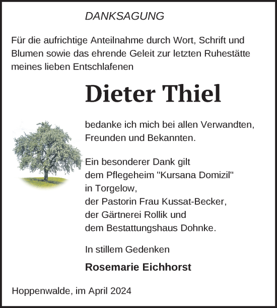 Traueranzeige von Dieter Thiel von Nordkurier Haff-Zeitung