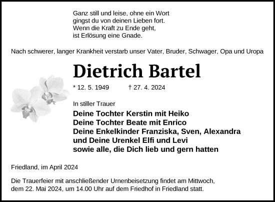 Traueranzeige von Dietrich Bartel von Nordkurier Neubrandenburger Zeitung