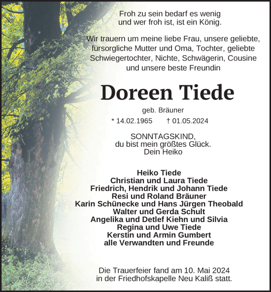 Traueranzeige von Doreen Tiede 