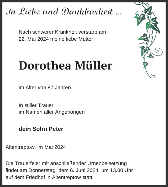 Traueranzeige von Dorothea Müller von Nordkurier Neubrandenburger Zeitung