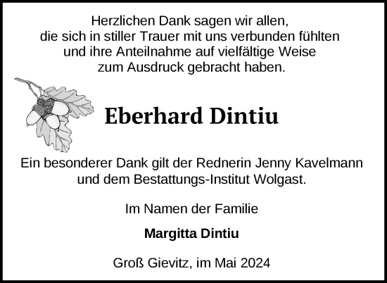 Traueranzeige von Eberhard Dintiu von Nordkurier Müritz-Zeitung