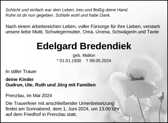 Traueranzeige von Edelgard Bredendiek von Uckermark Kurier Prenzlauer Zeitung