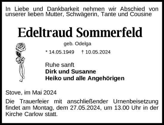 Traueranzeige von Edeltraud Sommerfeld 