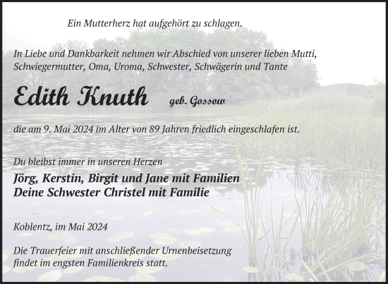 Traueranzeige von Edith Knuth von Nordkurier Pasewalker Zeitung