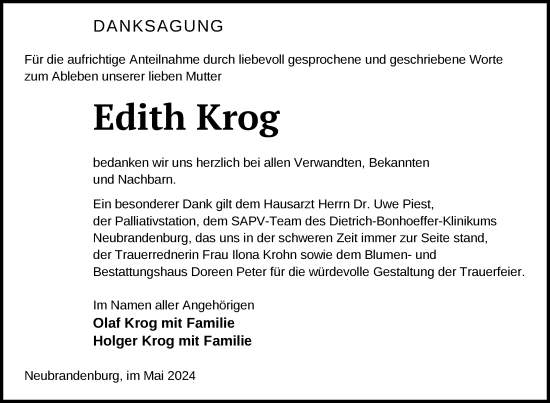 Traueranzeige von Edith Krog von Nordkurier Neubrandenburger Zeitung