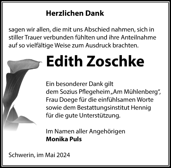 Traueranzeige von Edith Zoschke 