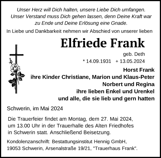 Traueranzeige von Elfriede Frank 
