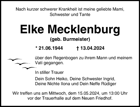 Traueranzeige von Elke Mecklenburg 